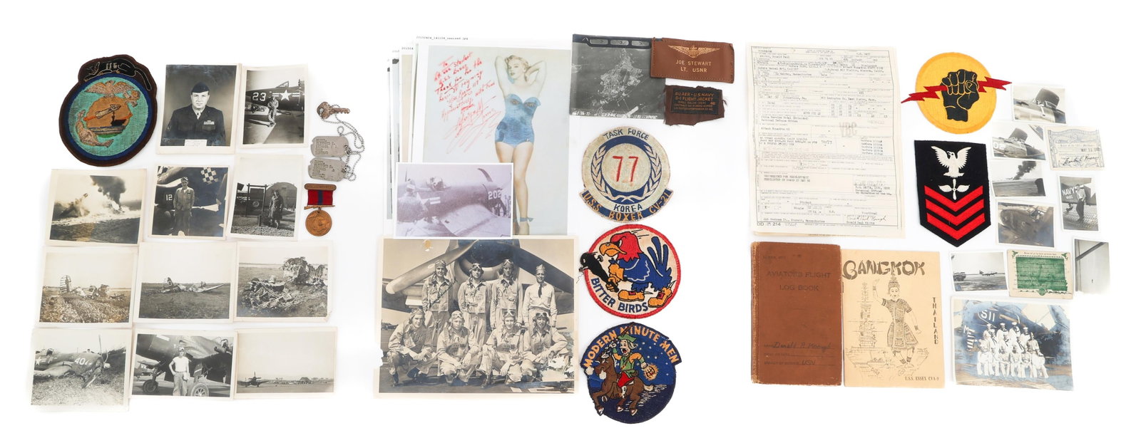 KOREAN WAR USMC & NAVY NAMED GROUPINGS: KOREAN WAR USMC & NAVY NAMED GROUPINGS Korean War US Marine Corps and Navy Named Groupings. (1) USN Aviator Group. Named to Donald Paul Keough. Includes Flight log book, VFA-25 patch, rank patch, crew