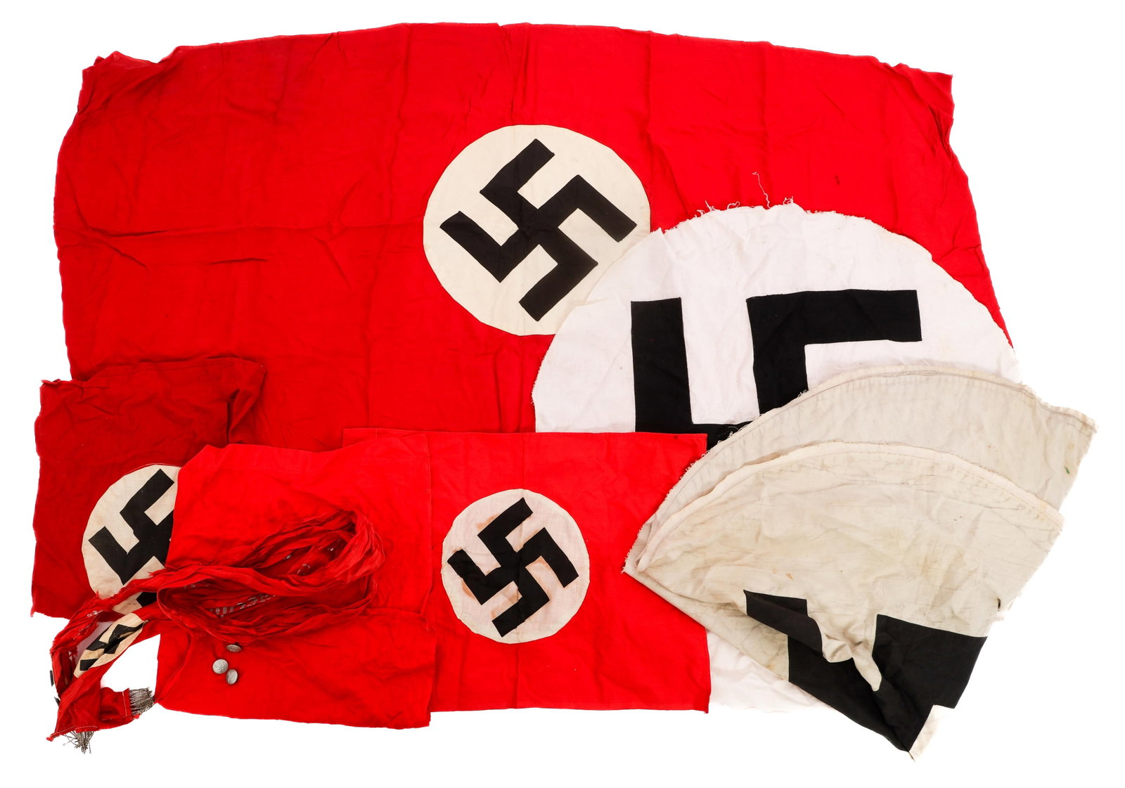 WWII GERMAN NSDAP BANNER, SASH, BUTTONS & EMBLEMS: WWII GERMAN NSDAP BANNER, SASH, BUTTONS & EMBLEMS WWII German NSDAP Banner, Sash, Buttons and Emblems. Stitched and printed emblems.