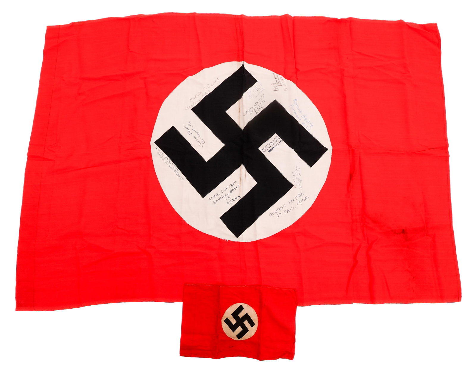 WWII GERMAN NSDAP BRING BACK & MINIATURE FLAGS: WWII GERMAN NSDAP BRING BACK & MINIATURE FLAGS WWII German NSDAP Bring Back & Miniature Flags. (1) NSDAP Bring Back Flag. Double sided, multi-piece construction with printed emblems. Names and hometow
