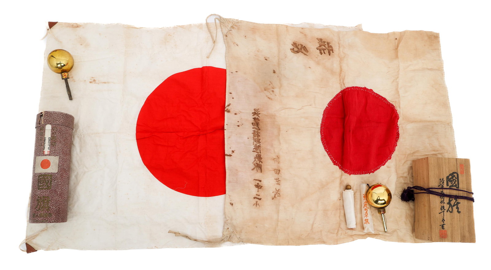 WWII IMPERIAL JAPANESE FLAG SETS WITH BOXES: WWII IMPERIAL JAPANESE FLAG SETS WITH BOXES WWII Imperial Japanese Flag Sets with Storage Boxes. (1) Flag Set. Includes double sided, multi-piece construction linen flag with kanji characters painted