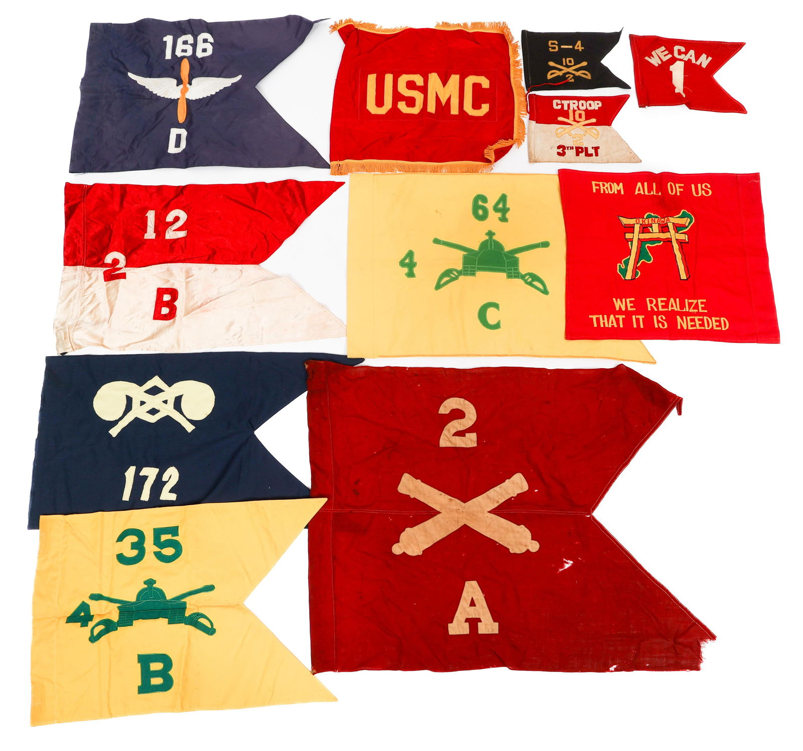 WWII - COLD WAR US ARMED FORCES GUIDON FLAGS: WWII - COLD WAR US ARMED FORCES GUIDON FLAGS WWII - Cold War US Armed Forces Guidon Flags. Includes Armored Cavalry, USMC, Cavalry, Army Aviation and more. Size: 9" to 29" x 12" x 37" Provenance: Life