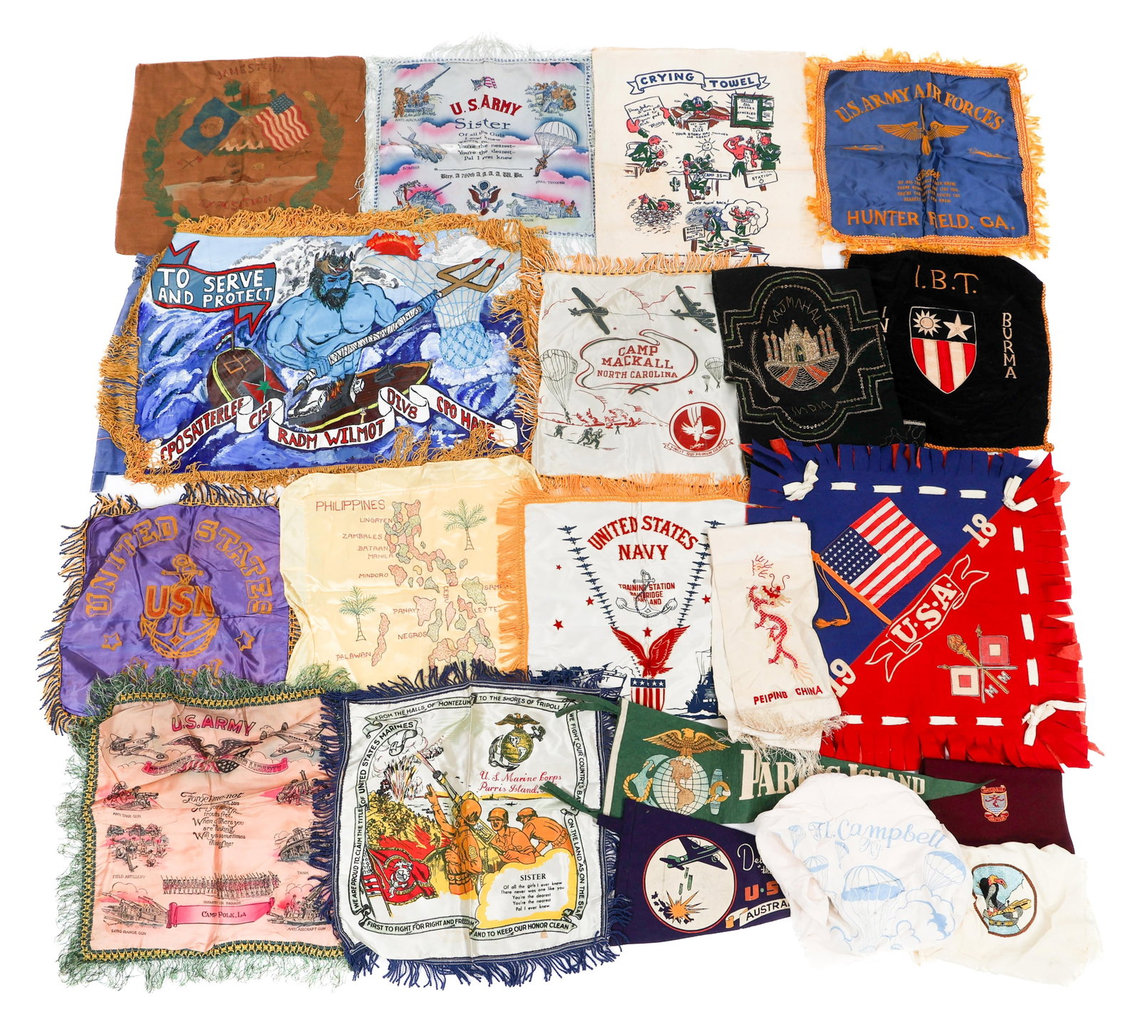 WWII US ARMED FORCES MOTHERS PILLOW SHAMS: WWII US ARMED FORCES MOTHERS PILLOW SHAMS WWII US Armed Forces Mothers Pillow Shams. Includes CBI, Airborne, Navy, Army Training Camps, USAAF, Signal Corps, and more. Provenance: Lifetime Military Mem