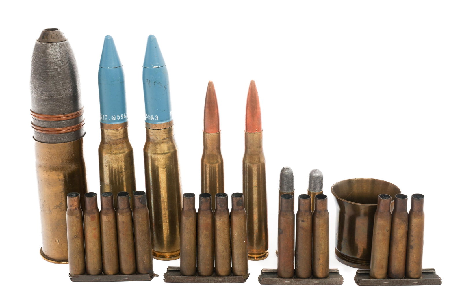 INDIAN WARS - COLD WAR US ORDNANCE & SHELL CASINGS: INDIAN WARS - COLD WAR US ORDNANCE & SHELL CASINGS Indian Wars - Cold War US Ordnance & Shell Casings. Includes .45-70 rounds, .30-06 stripper clips with casings, 37mm shell, .50 Cal rounds, 20mm dumm
