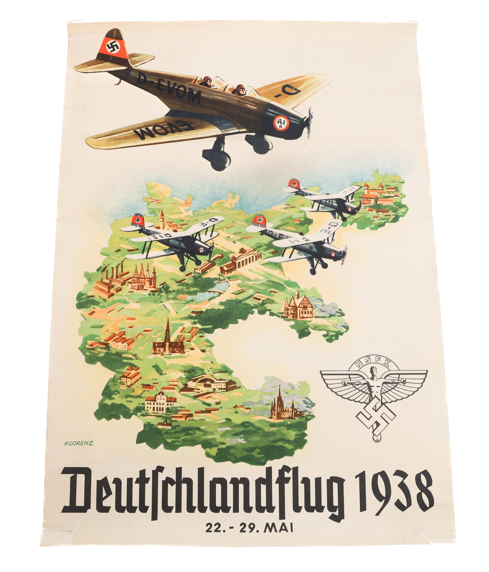 WWII GERMAN NSFK "DEUTSCHLANDFLUG 1938" POSTER: WWII GERMAN NSFK "DEUTSCHLANDFLUG 1938" POSTER WWII German NSFK "Deutschlandflug 1938" Air Race/Rally Poster by K. Lorenz. Size: 33" x 23 1/2"