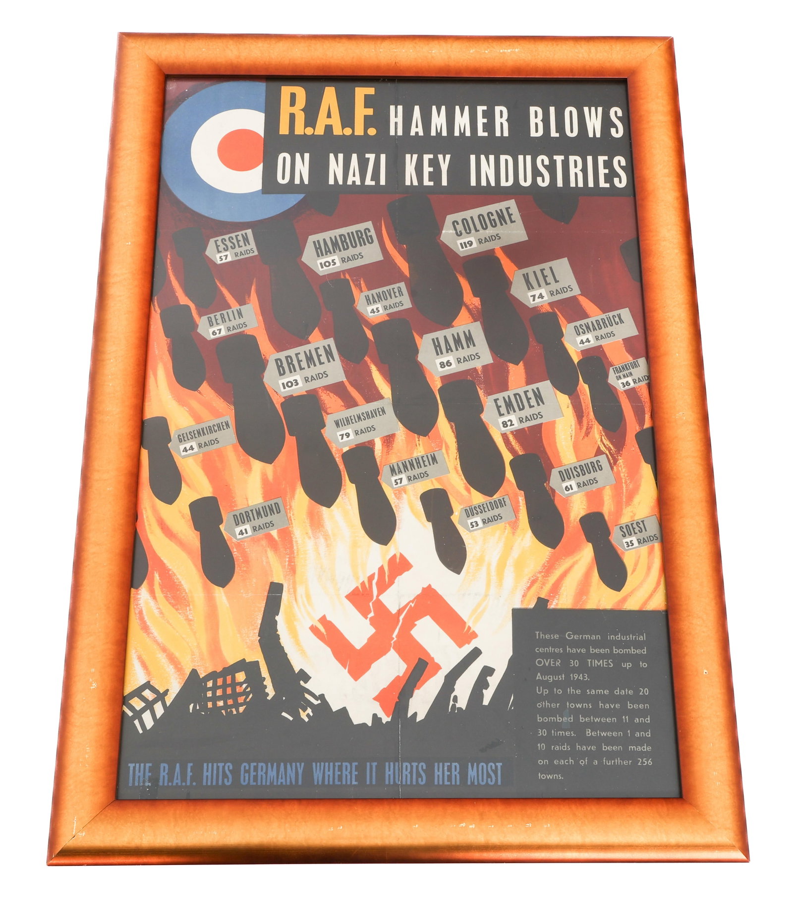 WWII BRITISH RAF BOMBING RAID HOMEFRONT POSTER: WWII BRITISH RAF BOMBING RAID HOMEFRONT POSTER WWII British RAF Bombing Raids on German Key Industrial Centers Homefront Poster. Wood and glass frame. Size: 32" x 22 1/2"