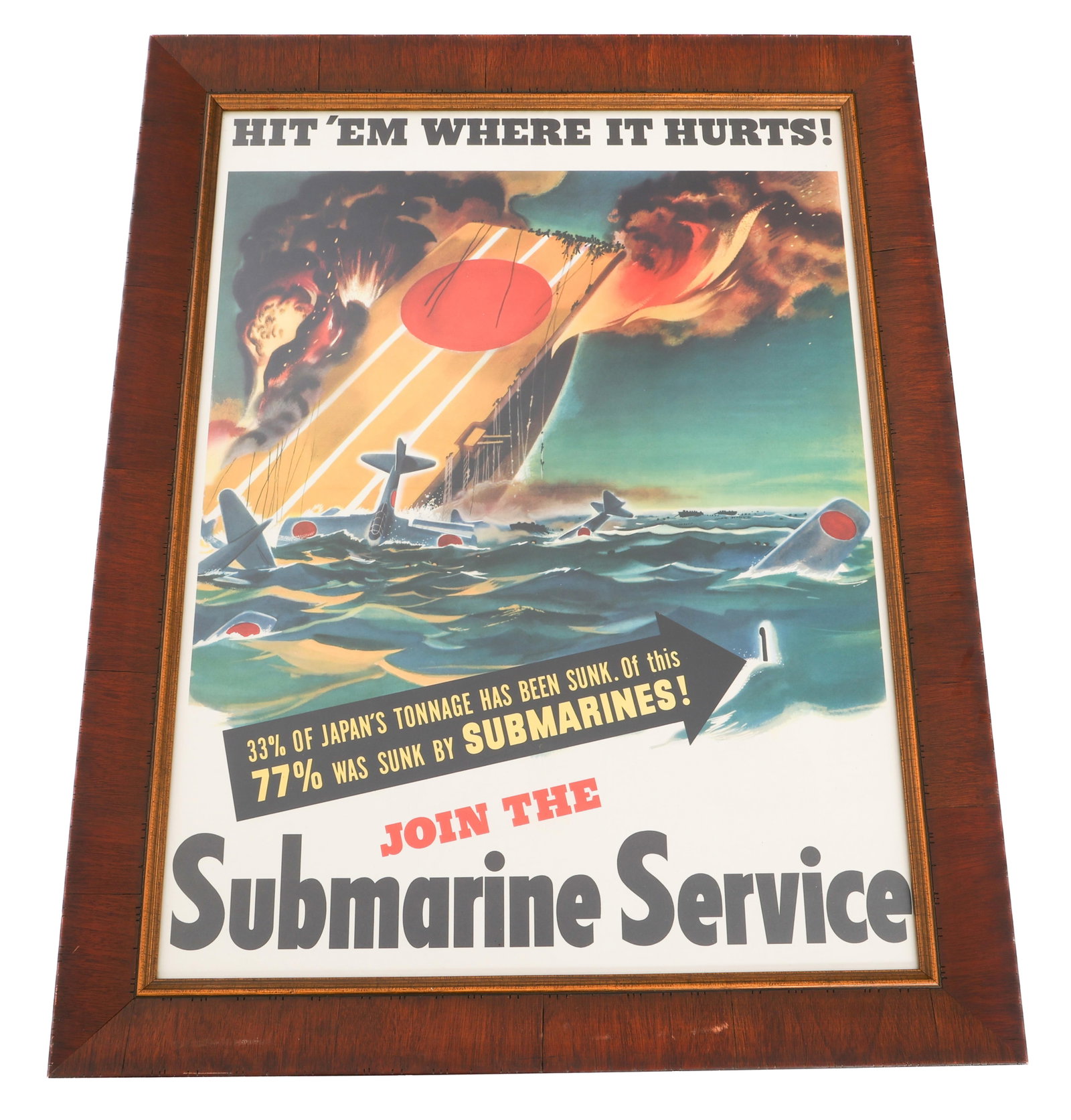 WWII US "HIT 'EM WHERE IT HURTS!" HOMEFRONT POSTER: WWII US "HIT 'EM WHERE IT HURTS!" HOMEFRONT POSTER WWII US Navy Submarine Service "Hit 'Em Where it Hurts!" Homefront Poster. Wood and glass frame. Size: 31" x 24"