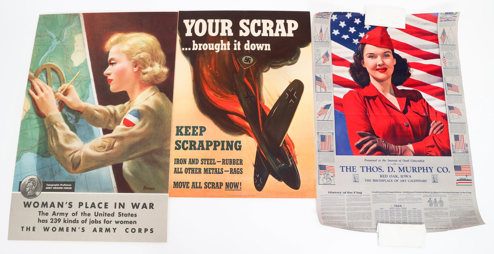 WWII US HOMEFRONT & NATIONAL FLAG CODE POSTERS: WWII US HOMEFRONT & NATIONAL FLAG CODE POSTERS WWII US Homefront Posters. (1) US Army WAC "Woman's Place in War" Homefront Poster by Michael Ramus. Size: 34" x 22". (1) US Government Printing Office "