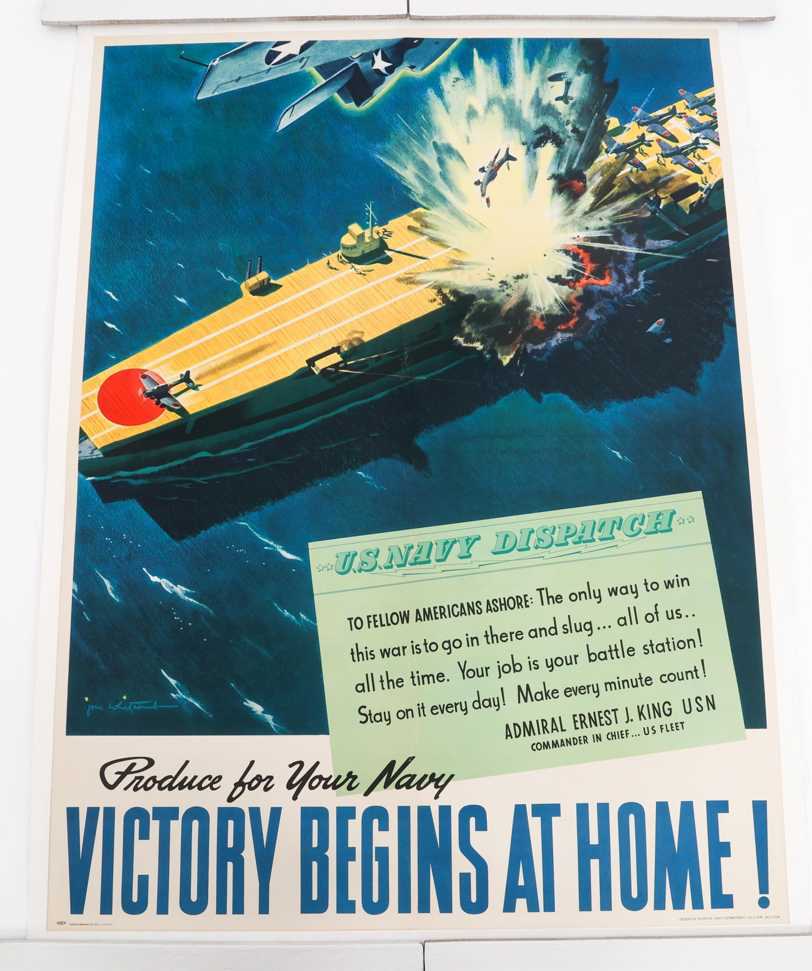 WWII US NAVY "VICTORY BEGINS AT HOME!" POSTER: WWII US NAVY "VICTORY BEGINS AT HOME!" POSTER WWII US Navy "Victory Begins at Home!" Homefront Poster. Maker marked Einson-Freeman Co., Inc. No visible date. Size: 40" x 30"