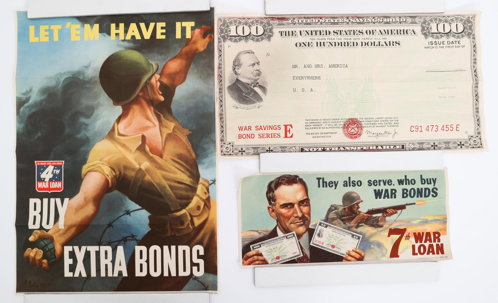WWII US WAR BOND HOMEFRONT POSTERS: WWII US WAR BOND HOMEFRONT POSTERS WWII US War Bond Homefront Posters. (1) "Let 'Em Have It" Poster. Printed by US Government Printing Office and dated 1943. (1) "7th War Loan" Poster. Printed by US G