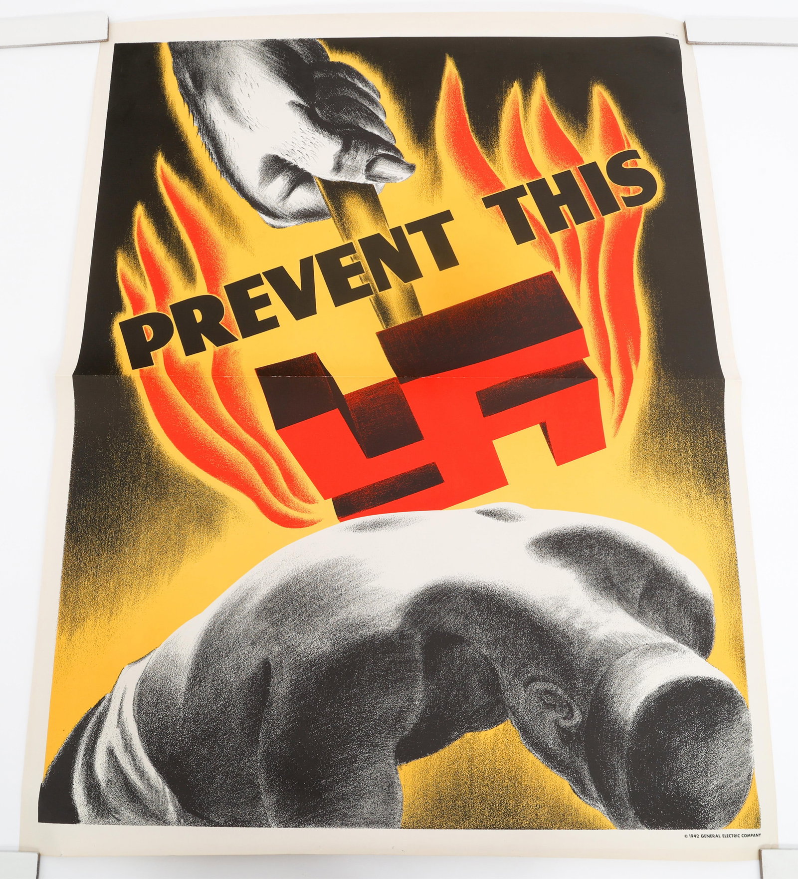 WWII US "PREVENT THIS" PROPAGANDA POSTER: WWII US "PREVENT THIS" PROPAGANDA POSTER WWII US "Prevent This" Anti-German Propaganda Poster. Maker marked by the General Electric Company and dated 1942. Size: 50" x 38"
