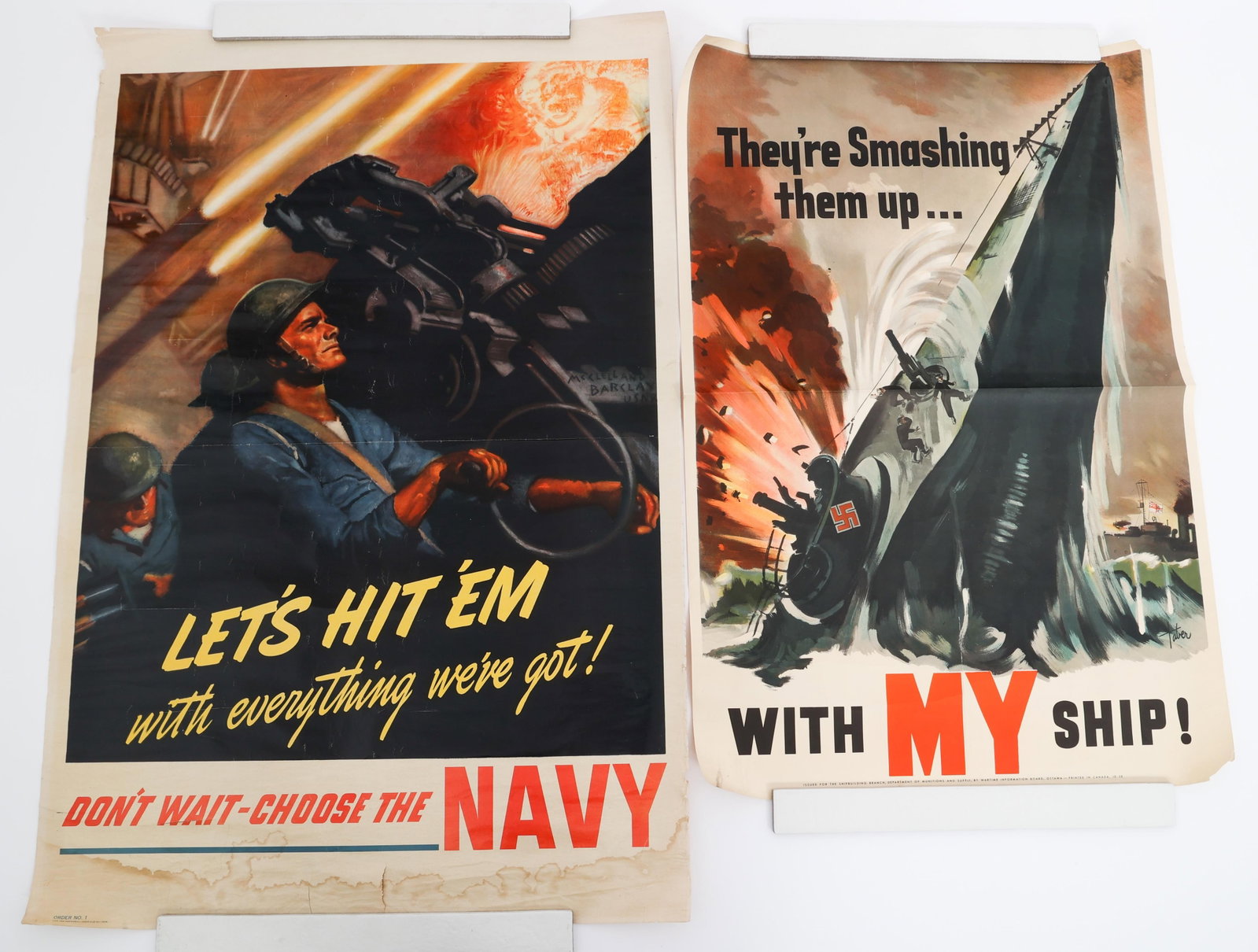 WWII CANADIAN & USN RECRUIT & HOMEFRONT POSTERS: WWII CANADIAN & USN RECRUIT & HOMEFRONT POSTERS WWII Canadian and US Navies Recruitment and Homefront Posters. (1) Canadian "They're Smashing Them Up..." Homefront Ship Production Poster by Russel A.J
