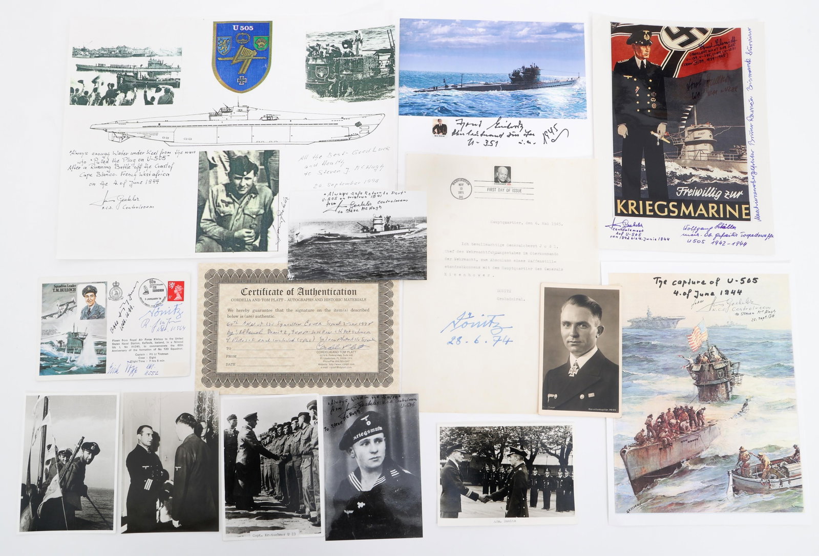 WWII GERMAN KARL DONITZ & U-BOAT SAILOR SIGNATURES: WWII GERMAN KARL DONITZ & U-BOAT SAILOR SIGNATURES WWII German Kriegsmarine Karl Donitz & U-Boat Sailor Signatures. Includes prints, post cards, photos and paperwork with signatures from Admiral Karl 
