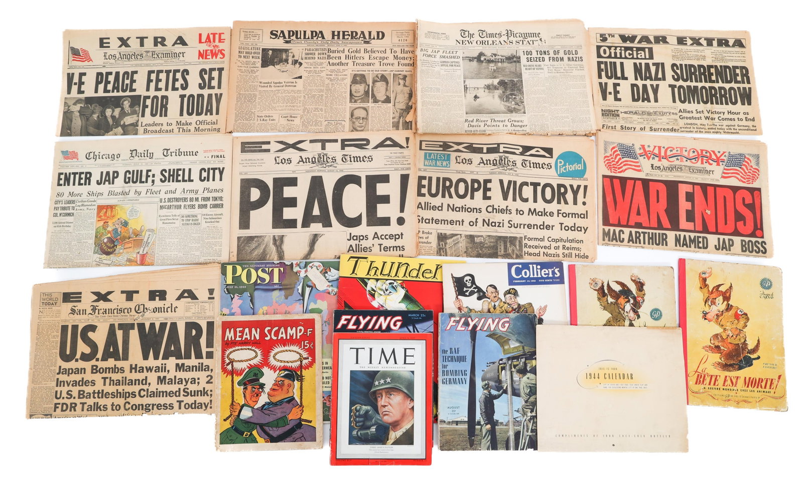 COCA COLA 1944 CALENDAR & WWII NEWSPAPERS: COCA COLA 1944 CALENDAR & WWII NEWSPAPERS Coca Cola 1944 Calendar & Significant WWII Event Newspapers & Magazines. (1) Coca Cola 1944 Calendar with all months and introductory page. Size: 10 1/2" x 13
