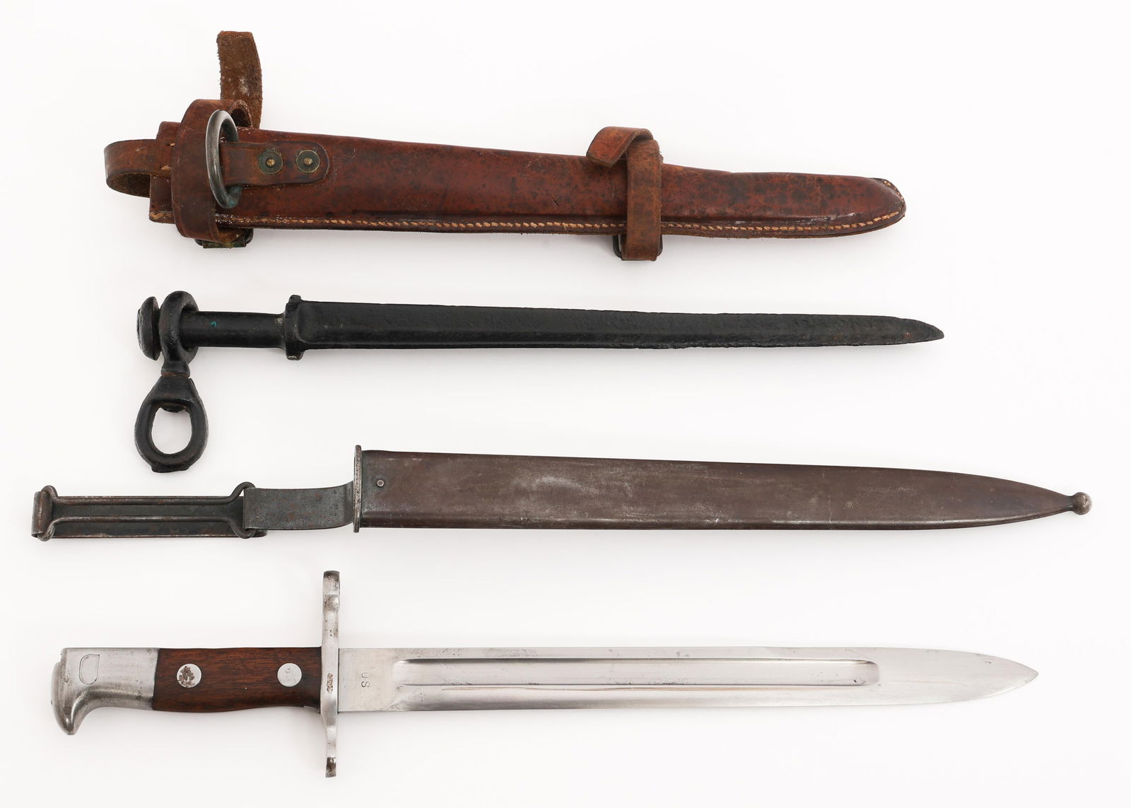 MODEL 1892 KRAG BAYONET & RAILROAD SPIKE DAGGER: MODEL 1892 KRAG BAYONET & RAILROAD SPIKE DAGGER Model 1892 Krag Bayonet and Railroad Spike Dagger. (1) Model 1892 Krag Bayonet. Dated 1897. Steel scabbard. (1) Railroad Spike Dagger. Scabbard present.