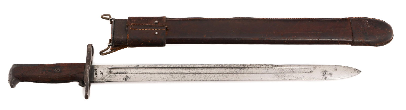US ARMY M1905 BAYONET WITH M1905 MODIFIED SCABBARD: US ARMY M1905 BAYONET WITH M1905 MODIFIED SCABBARD US Army M1905 Bayonet with M1905 Modified Leather Scabbard. Single edged, bright blade with fuller. Maker marked by Springfield Armory and dated 1908