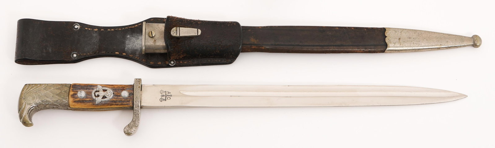 WWII GERMAN POLICE DRESS BAYONET by ALCOSO: WWII GERMAN POLICE DRESS BAYONET by ALCOSO WWII German Police Dress Bayonet. Single edged, bright blade with fuller. Maker marked by Alexander Coppel, Solingen on both sides of the ricasso and proof m
