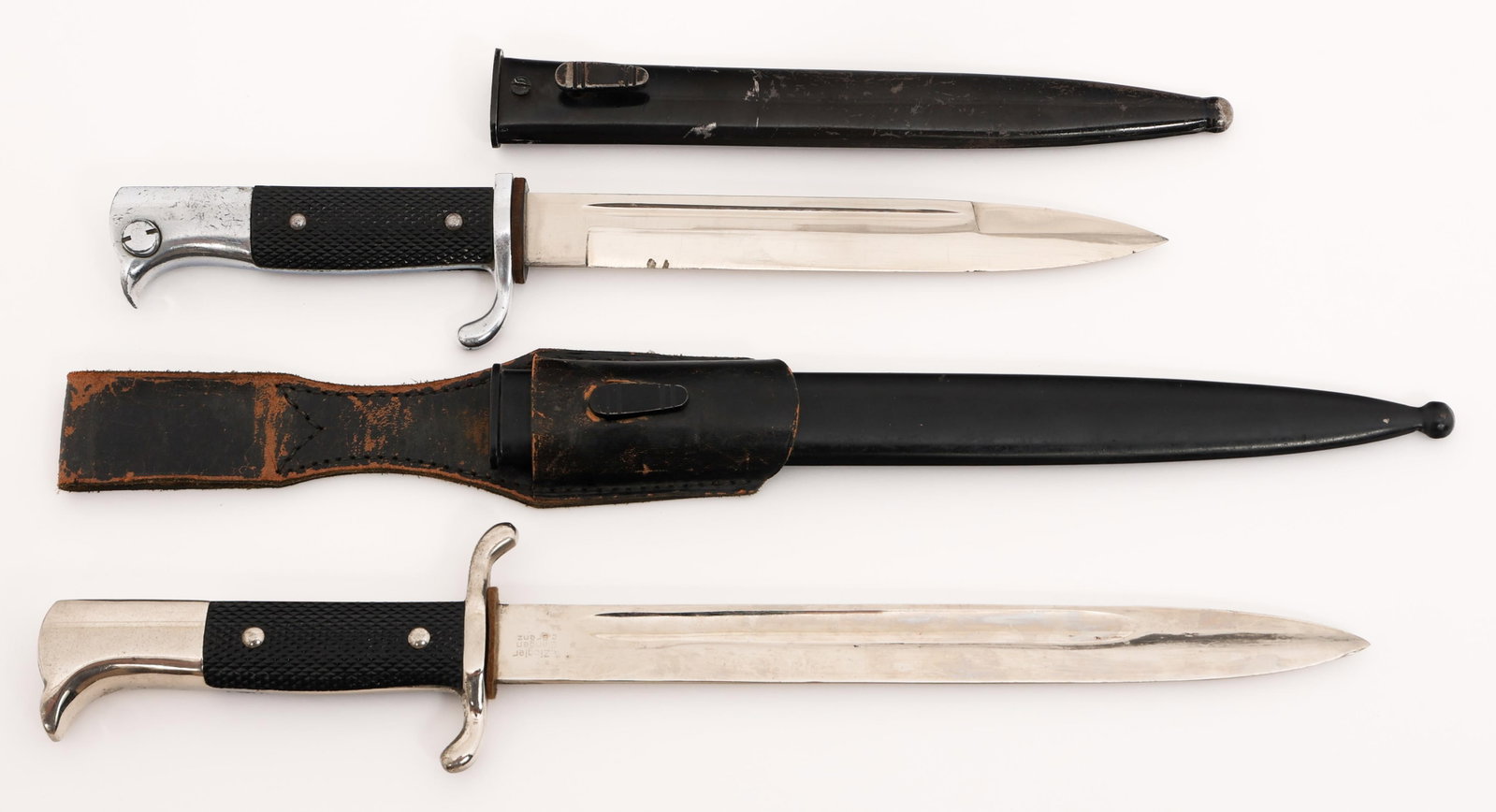 WWII GERMAN FIRE POLICE & K98 DRESS BAYONETS: WWII GERMAN FIRE POLICE & K98 DRESS BAYONETS WWII German Fire Police & K98 Dress Bayonets. (1) Fire Police Dress K98. Single edged, bright blade with fuller. Maker marked by A. Ziegler, Giengen. Leath