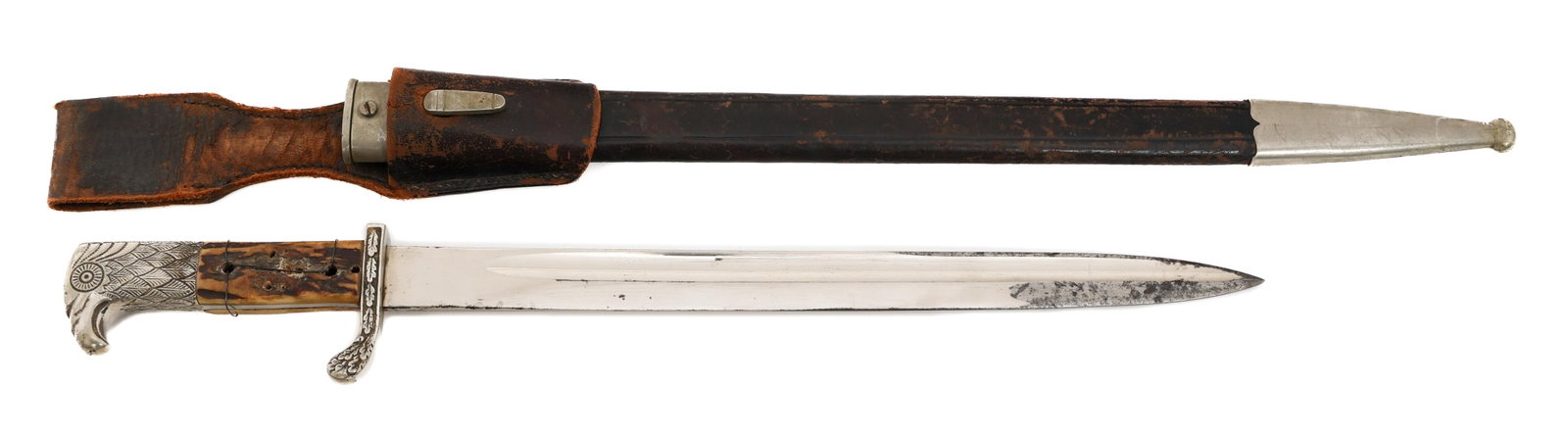 WWII GERMAN POLICE DRESS BAYONET by P. WEYERSBERG: WWII GERMAN POLICE DRESS BAYONET by P. WEYERSBERG WWII German Police Dress Bayonet. Single edged, bright blade with fuller. Maker mark of Paul Weyersberg etched on the ricasso. Decorated, nickel-silve
