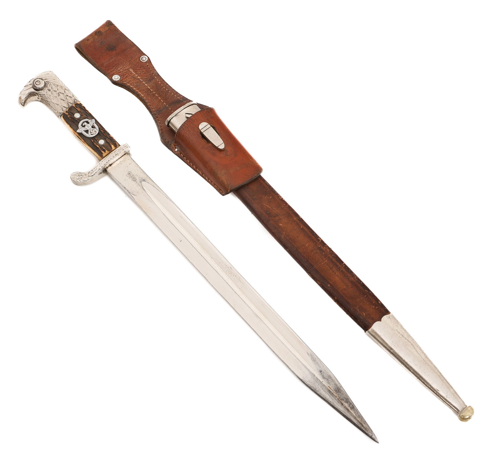 WWII GERMAN POLICE DRESS BAYONET by WKC: WWII GERMAN POLICE DRESS BAYONET by WKC WWII German Police Dress Bayonet. Single edged, bright blade with fuller. Maker marked by WKC on both sides of the ricasso. Decorated, nickel-silver hilt. Stag