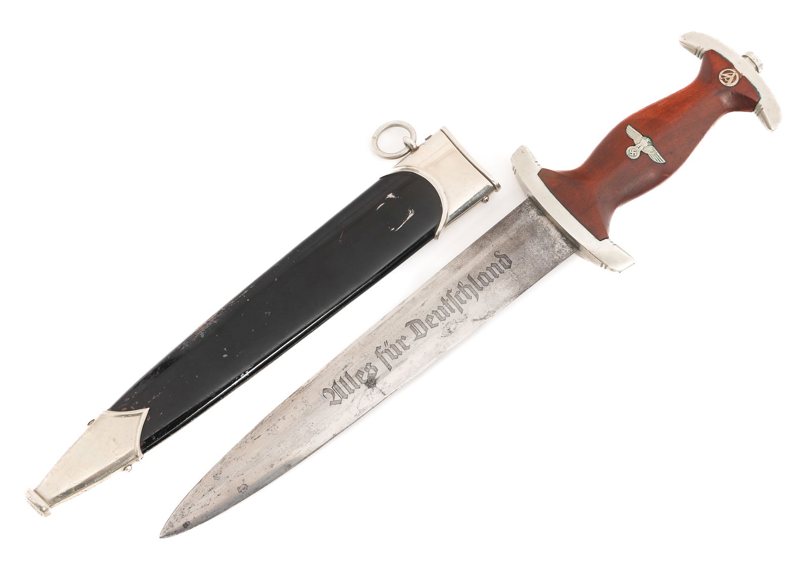 WWII GERMAN NSKK DRESS DAGGER by CHRISTIANSWERK: WWII GERMAN NSKK DRESS DAGGER by CHRISTIANSWERK WWII German NSKK Dress Dagger. Double edged, bright blade with acid etched motto "Alles Fur Deutschland" in light grey background. Maker mark by Christi