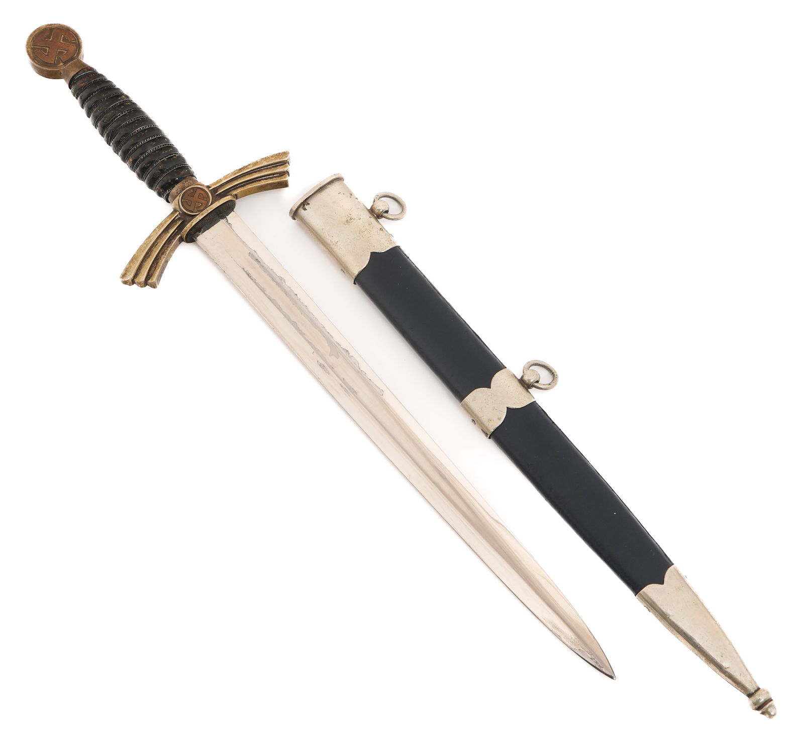 WWII GERMAN LUFTWAFFE 1st MODEL DRESS DAGGER: WWII GERMAN LUFTWAFFE 1st MODEL DRESS DAGGER WWII German Luftwaffe 1st Model Dress Dagger. Double edged, bright blade. Maker mark by David Malsch, Steinbach and Waffenamt stamp on one side. Leather bu