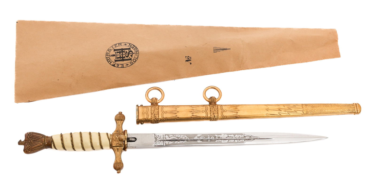 WWII GERMAN KRIEGSMARINE DRESS DAGGER by HORSTER: WWII GERMAN KRIEGSMARINE DRESS DAGGER by HORSTER WWII German Kriegsmarine 2nd Model Officer Dress Dagger. Double edged, bright blade with dual fuller. Acid etched with naval and floral patterns in lig