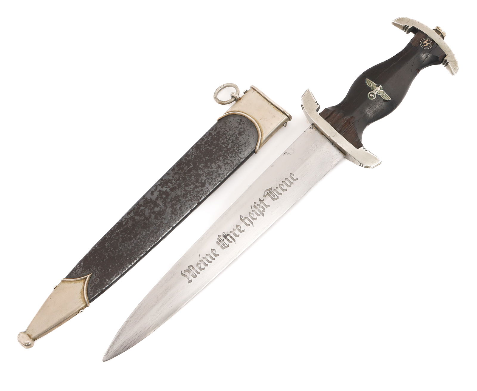 WWII GERMAN SS HIMMLER DAGGER by EICKHORN: WWII GERMAN SS HIMMLER DAGGER by EICKHORN WWII German SS Himmler Dedication Dagger. Acid etched SS motto "Meine Ehre heisst Treue" in light gray background, "In herzlicher Kameradshaft H. Himmler" on
