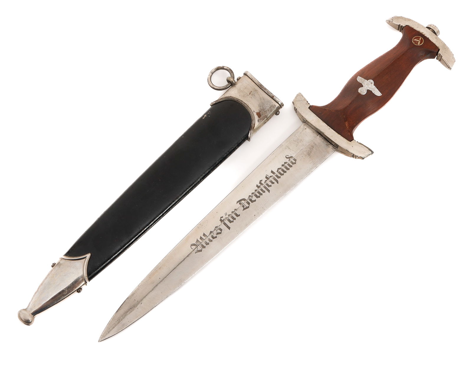 WWII GERMAN NSKK TRANS DRESS DAGGER by EICKHORN: WWII GERMAN NSKK TRANS DRESS DAGGER by EICKHORN WWII German NSKK Transitional Dress Dagger. Double edged, bright blade with acid etched motto "Alles Fur Deutschland" in light grey background. Maker ma