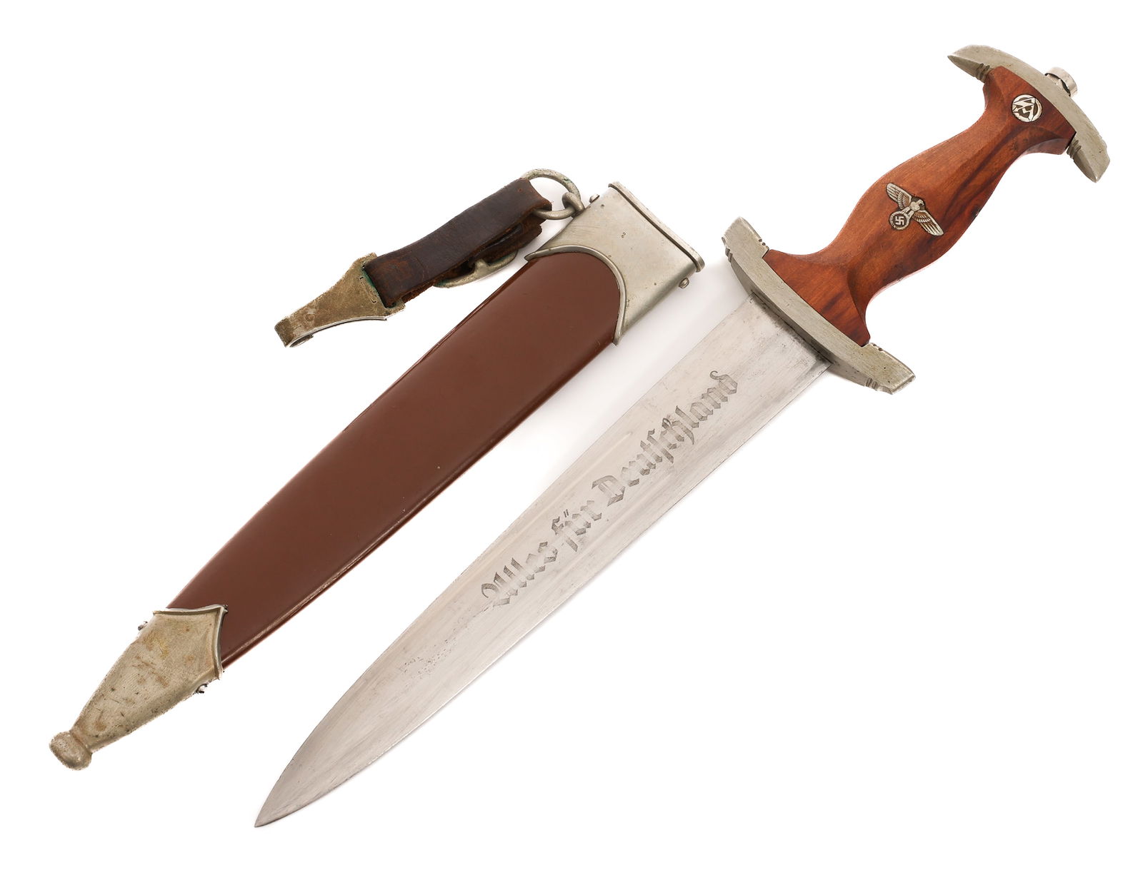 WWII GERMAN SA DRESS DAGGER by ERNST KEMPER: WWII GERMAN SA DRESS DAGGER by ERNST KEMPER WWII German SA Dress Dagger. Double edged, bright blade with acid etched motto Alles Fur Deutschland in light grey background. No visible crossgrain. Maker