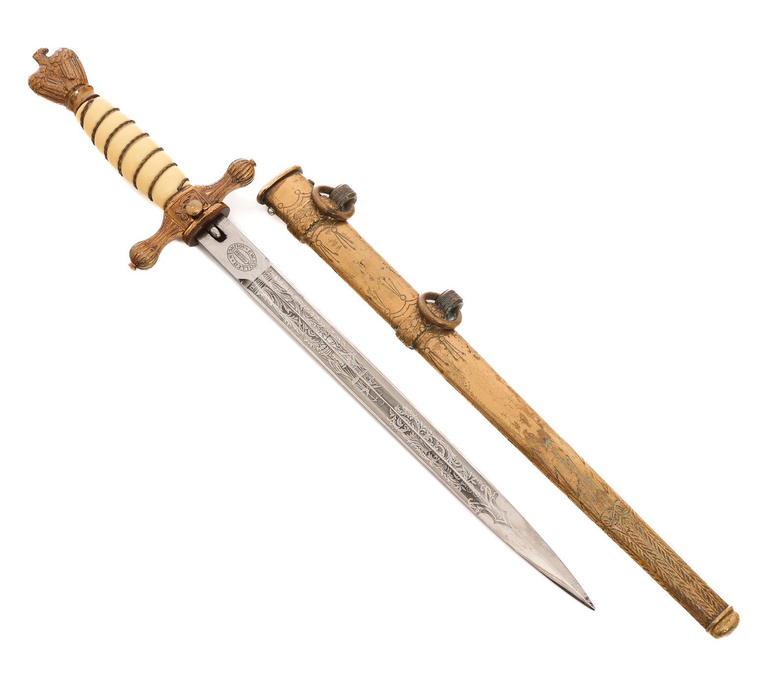 WWII GERMAN KRIEGSMARINE DRESS DAGGER by HOLLER: WWII GERMAN KRIEGSMARINE DRESS DAGGER by HOLLER WWII German Kriegsmarine 2nd Model Officer Dress Dagger. Double edged, bright blade with dual fuller. Acid etched with naval and floral patterns. Maker