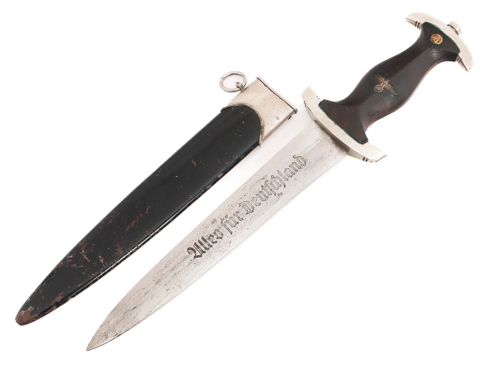 WWII GERMAN NSKK DRESS DAGGER by GEBRUDER HELLER: WWII GERMAN NSKK DRESS DAGGER by GEBRUDER HELLER WWII German NSKK Dress Dagger. Double edged blade with acid etched motto "Alles Fur Deutschland" in dark grey background. Maker marked by Gebruder Hell