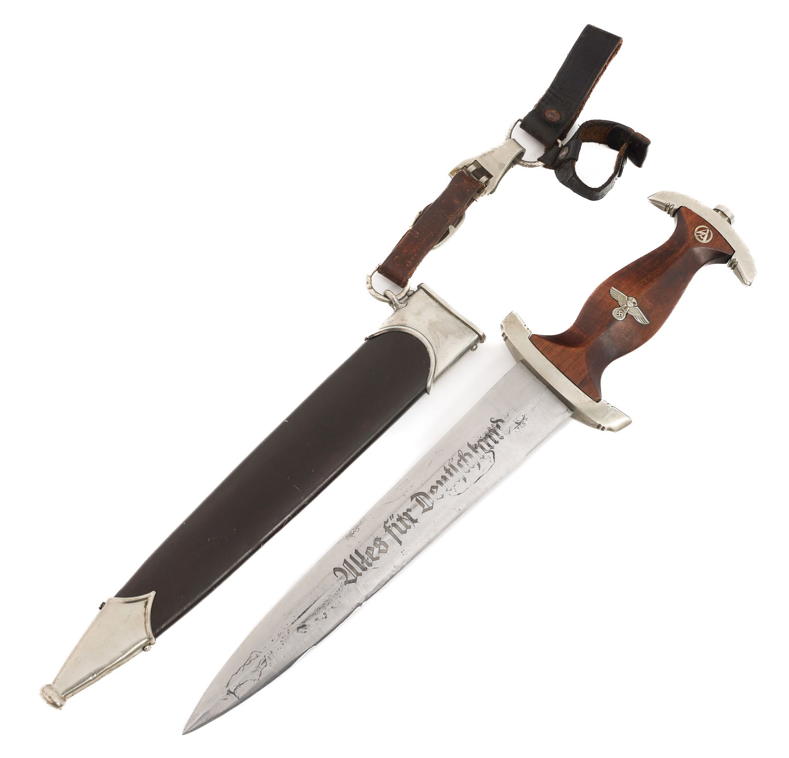 WWII GERMAN SA DRESS DAGGER by OTTO SIMON: WWII GERMAN SA DRESS DAGGER by OTTO SIMON WWII German SA Dress Dagger. Double edged, bright blade with acid etched motto "Alles Fur Deutschland". No visible crossgrain. Maker mark of Otto Simon, Stein