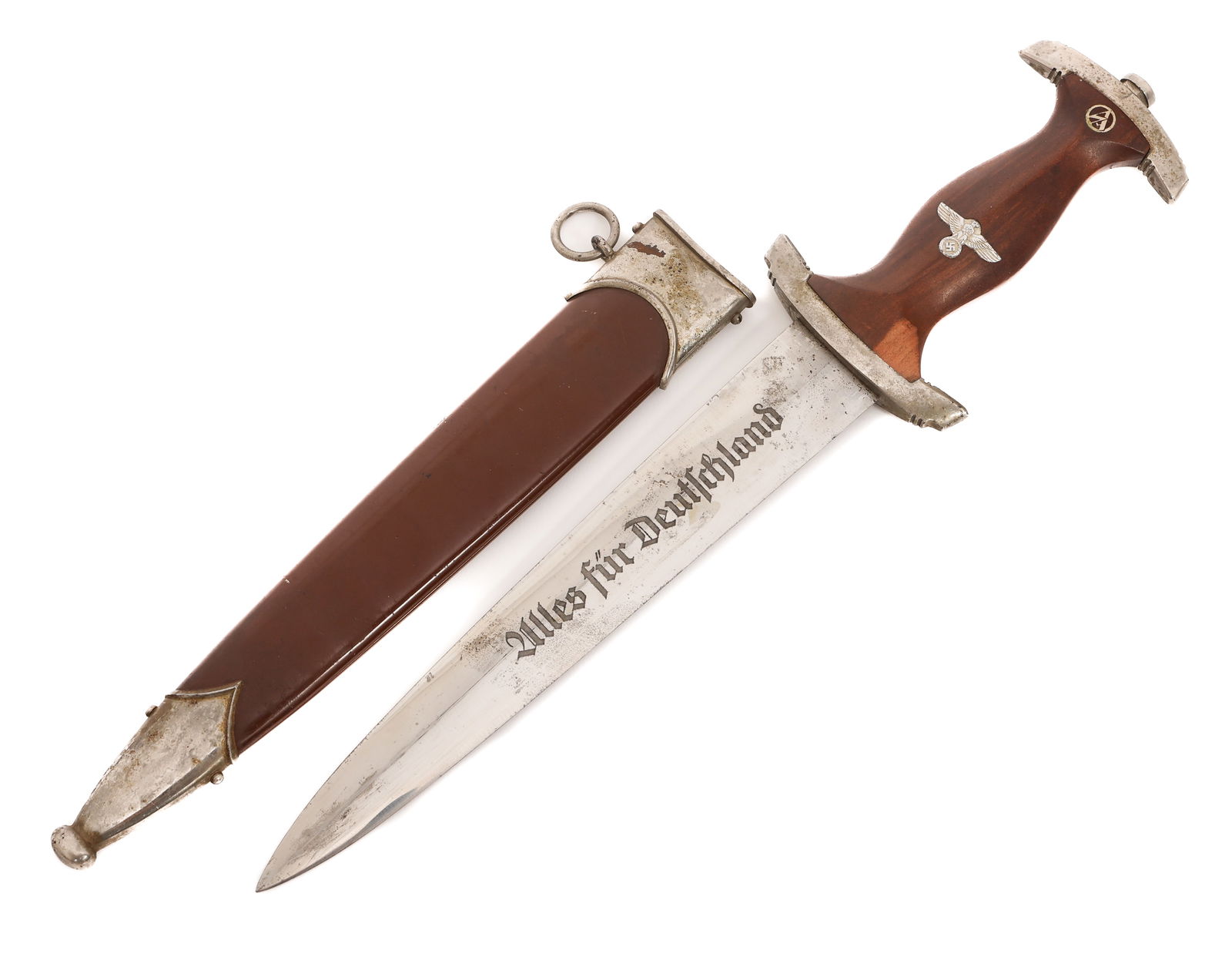 WWII GERMAN SA DRESS DAGGER by RZM 1198/40: WWII GERMAN SA DRESS DAGGER by RZM 1198/40 WWII German SA Dress Dagger. Double edged, bright blade with acid etched motto Alles Fur Deutschland in light grey background. Visible crossgrain. Maker mark
