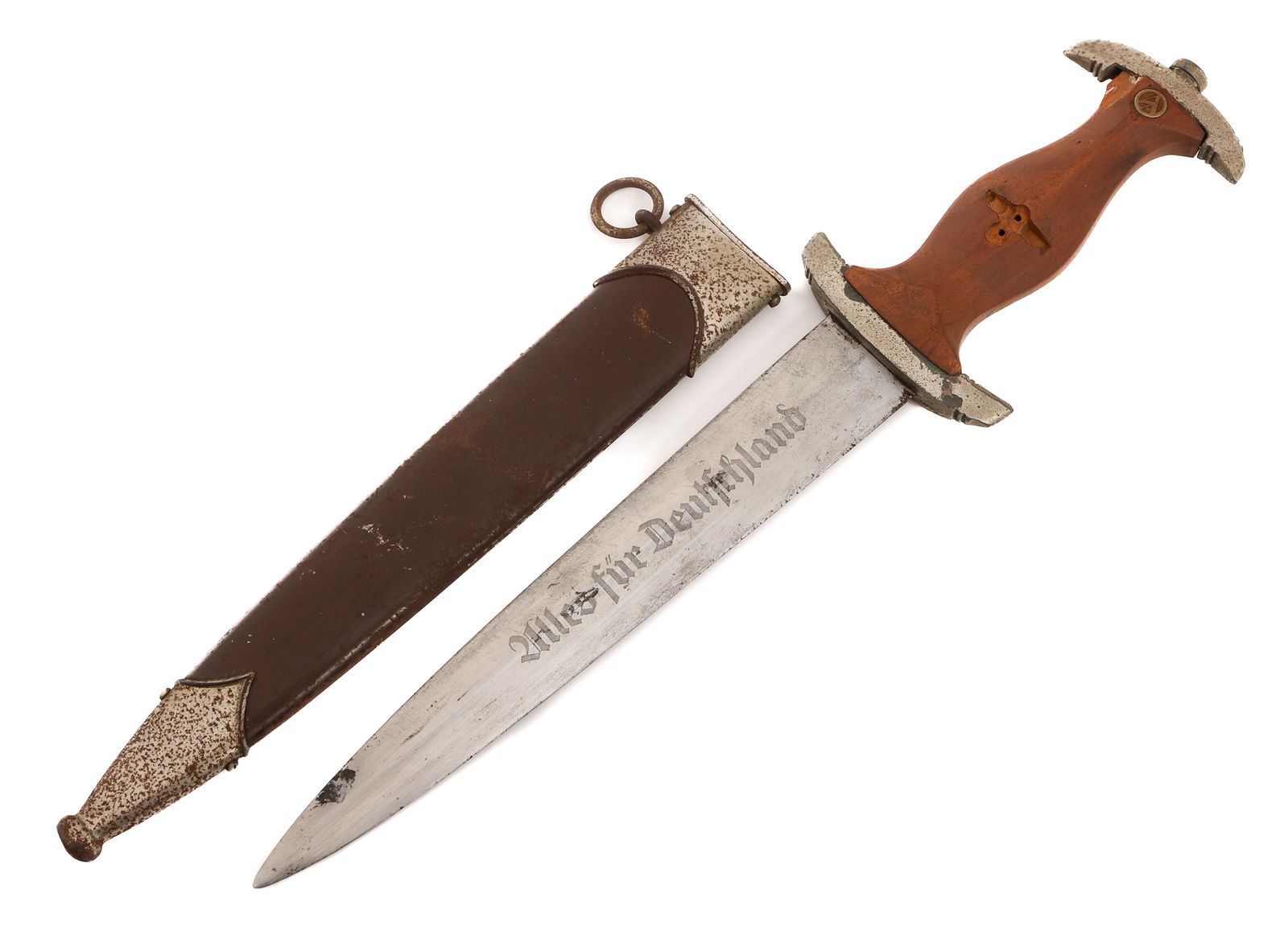 WWII GERMAN SA DRESS DAGGER by RZM M7/13: WWII GERMAN SA DRESS DAGGER by RZM M7/13 WWII German SA Dress Dagger. Double edged, bright blade with acid etched motto "Alles Fur Deutschland" in light grey background, RZM M7/13 present on the rever