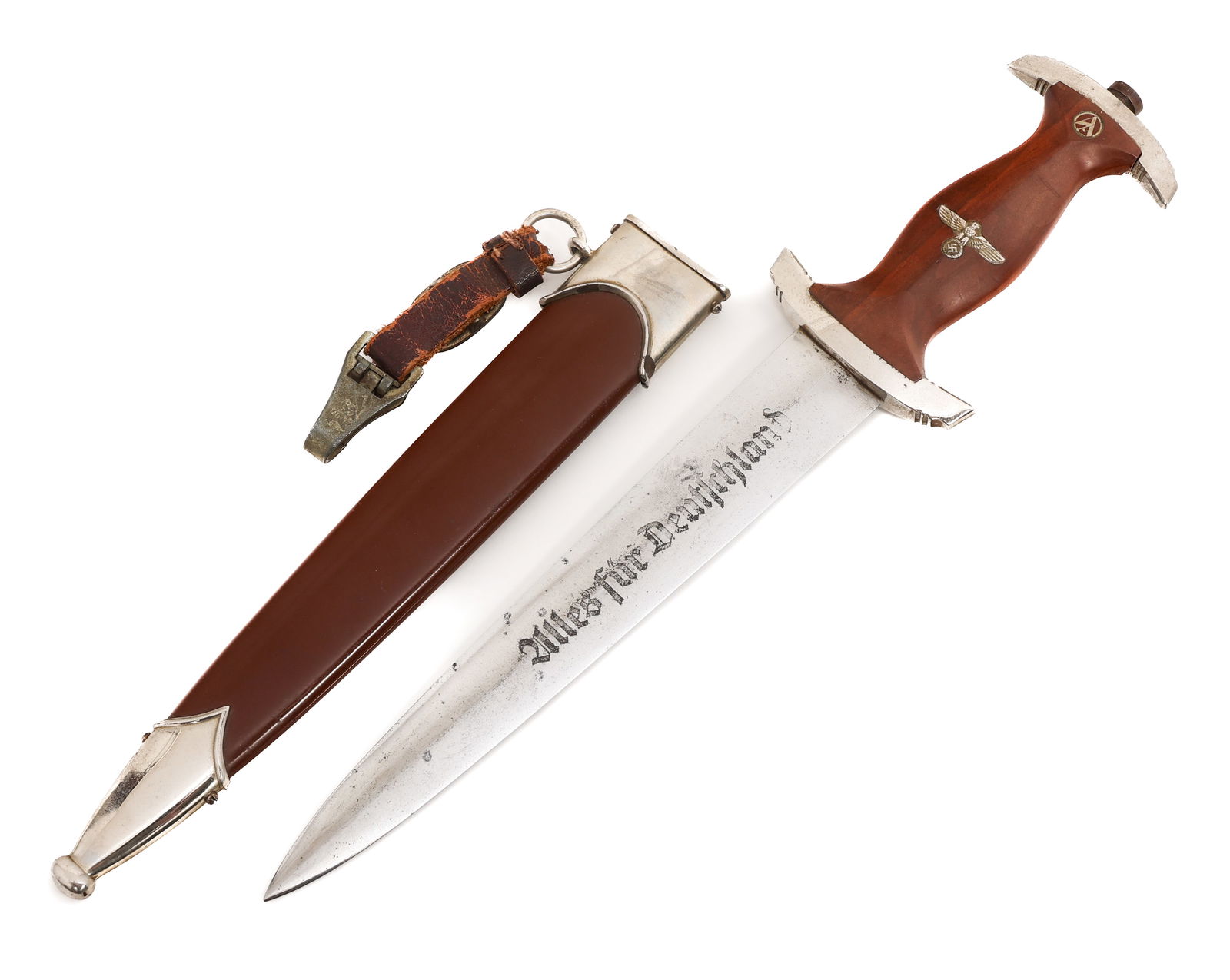 WWII GERMAN SA DRESS DAGGER by RZM M7/13: WWII GERMAN SA DRESS DAGGER by RZM M7/13 WWII German SA Dress Dagger. Double edged, bright blade with acid etched motto "Alles Fur Deutschland". Maker marked by RZM M7/13. Slightly visible crossgrain.