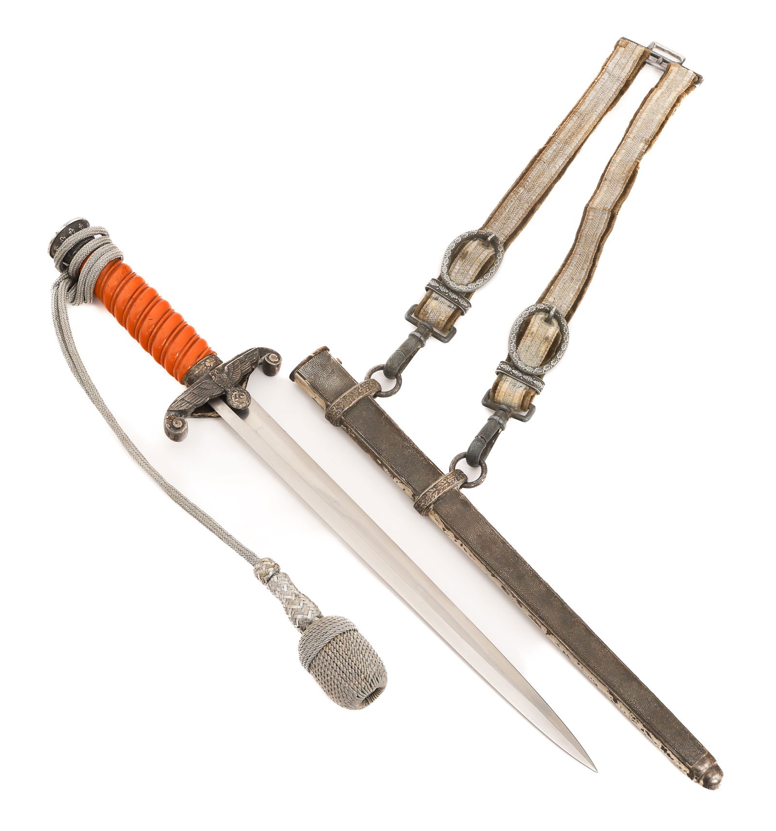 WWII GERMAN HEER M35 OFFICER DAGGER by WKC: WWII GERMAN HEER M35 OFFICER DAGGER by WKC WWII German Army Model 1935 Dress Dagger. Double edged, bright blade. Maker marked by WKC on the ricasso. Alloy based hilt with steel ferrule and orange cell