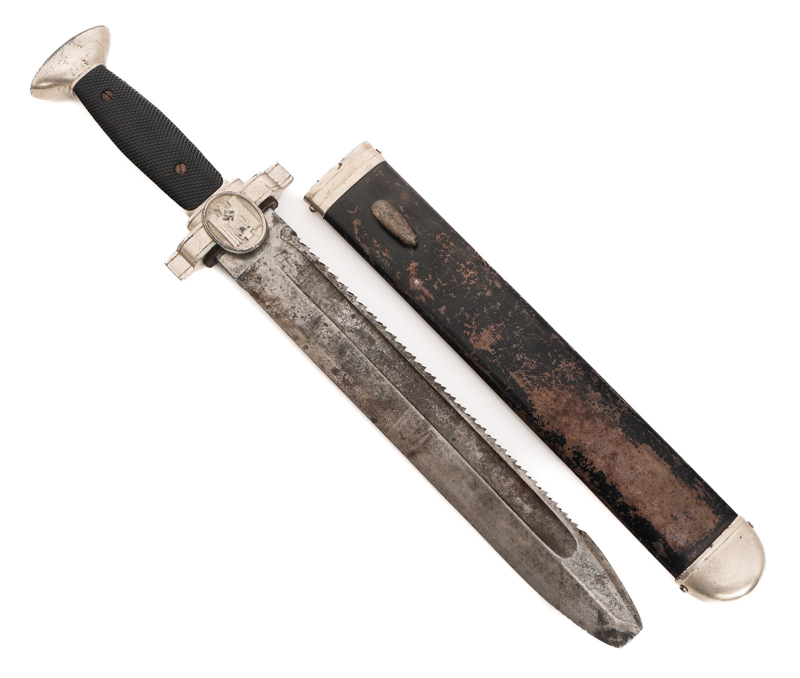 WWII GERMAN RED CROSS ENLISTED HEWER DAGGER: WWII GERMAN RED CROSS ENLISTED HEWER DAGGER WWII German Red Cross Enlisted Man's Hewer Dagger. Single edged, sawback blade with fuller. No visible maker mark. Ges Geschutz stamped on the ricasso. Leat