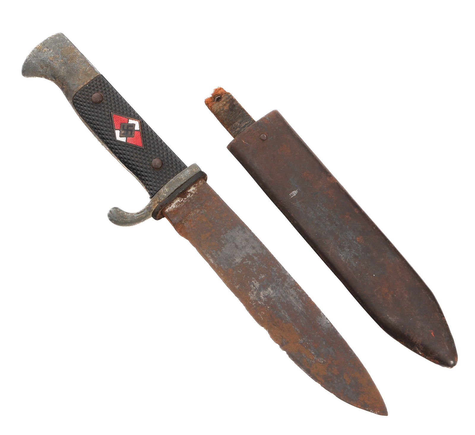 WWII GERMAN HITLER YOUTH KNIFE: WWII GERMAN HITLER YOUTH KNIFE WWII German Hitler Youth Knife. Single edged, bright blade. No visible marks. Leather buffer pad present. Alloy based hilt. Black checkered bakelite grips with HJ diamon