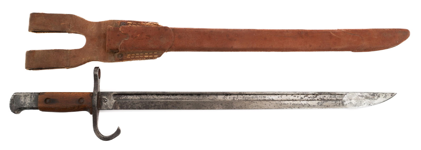 WWII JAPANESE TYPE 30 BAYONET & CANVAS SCABBARD: WWII JAPANESE TYPE 30 BAYONET & CANVAS SCABBARD WWII Imperial Japanese Type 30 Bayonet. Single edged blade with fuller. Maker marked by Kokura Army Armory on the ricasso. Steel hilt with hooked quillo