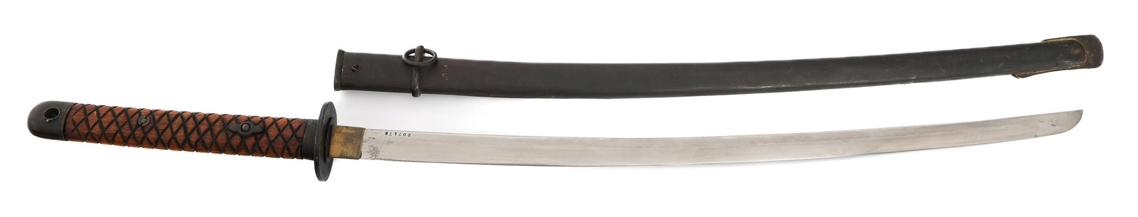 WWII JAPANESE ARMY LATE WAR NCO SHIN-GUNTO SWORD: WWII JAPANESE ARMY LATE WAR NCO SHIN-GUNTO SWORD WWII Imperial Japanese Army Late War NCO Shin-Gunto Sword. Single edged, slightly curved blade with no visible hamon. Factory stamp and serial number n