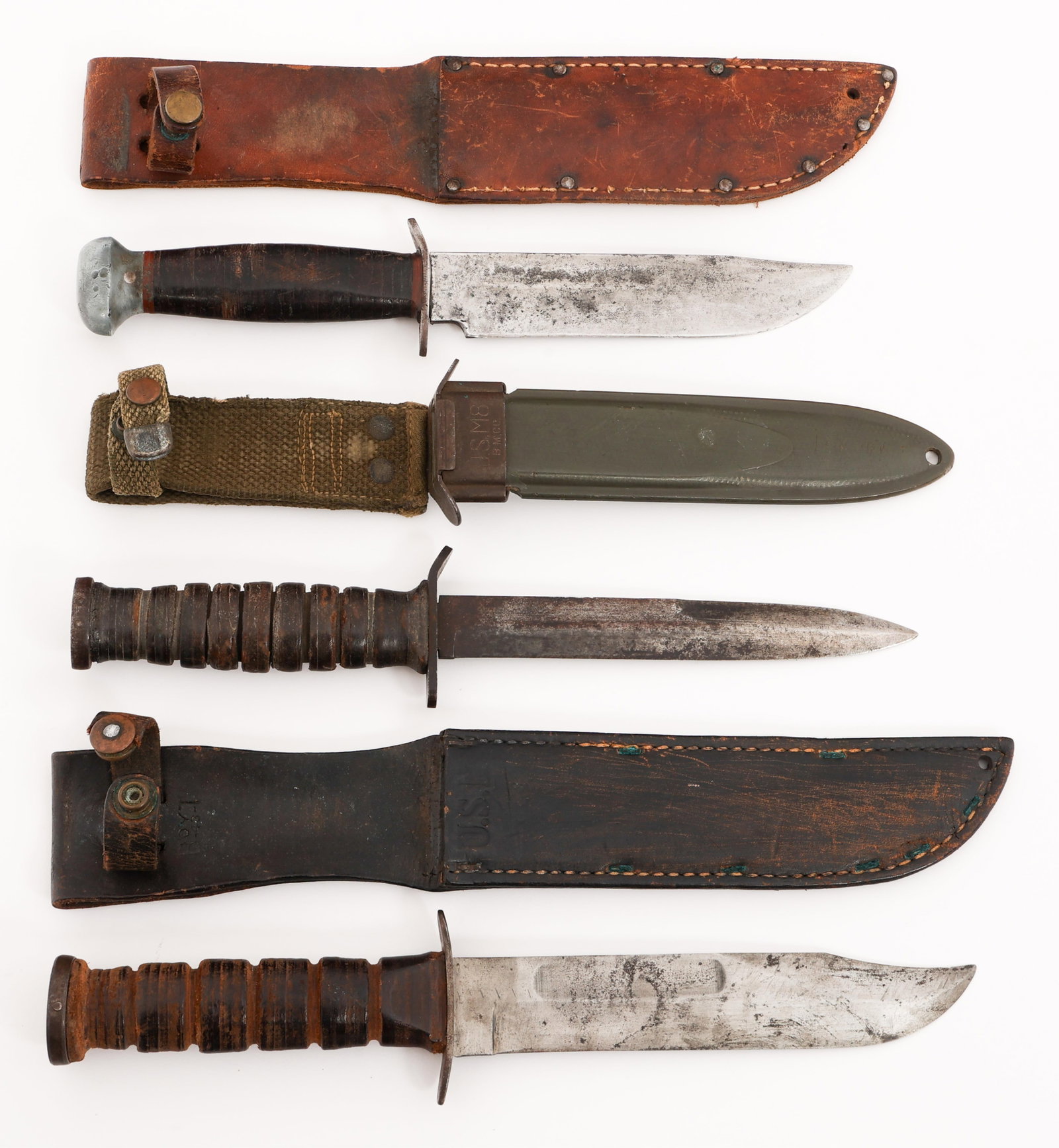 WWII US M3, RH-36 & USN MK2 FIGHTING KNIVES: WWII US M3, RH-36 & USN MK2 FIGHTING KNIVES WWII US M3, RH-36 and USN Mk2 Fighting Knives. (1) M3. Maker marked by Camillus. M8 scabbard. (1) RH-36. Maker marked by PAL. Leather sheath. (1) USN Mk2. M