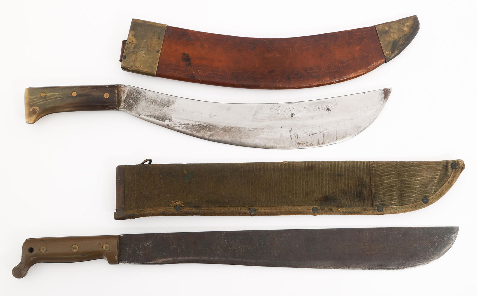 US ARMY ENGINEER COLLINS No. 1005 & M1942 MACHETES: US ARMY ENGINEER COLLINS No. 1005 & M1942 MACHETES US Army Engineer Collins No. 1005 Bolo and M1942 Machetes. (1) Engineer No. 1005. Heavy, tempered steel curved blade with green horn grips. Maker mar