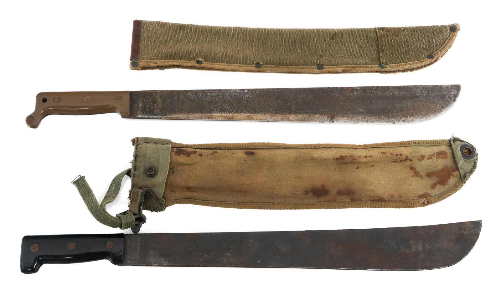 WWII US M1942 & BRITISH MACHETES: WWII US M1942 & BRITISH MACHETES WWII US M1942 & British Machetes. (1) US M1942. Single edged blade maker marked by True temper and dated 1945. Green composite handle. Canvas scabbard. (1) British Mac