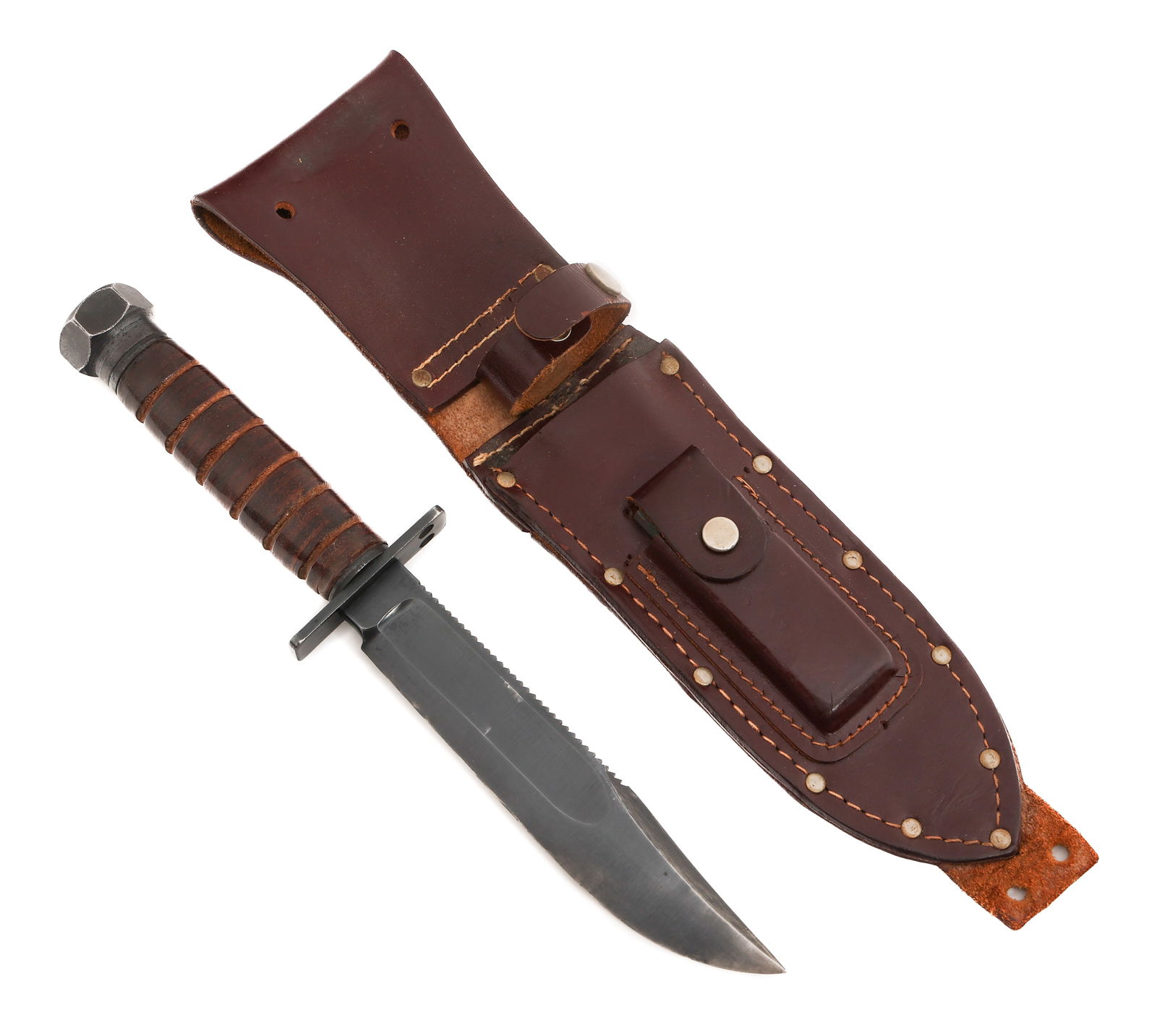 VIETNAM WAR US 6" PILOT SURVIVAL KNIFE by MARBLES: VIETNAM WAR US 6" PILOT SURVIVAL KNIFE by MARBLES Vietnam War US Jet Pilots Survival Knife. Single edged, blued blade with fuller and sawback spine. Maker marked by Marbles, Gladstone, Michigan USA on