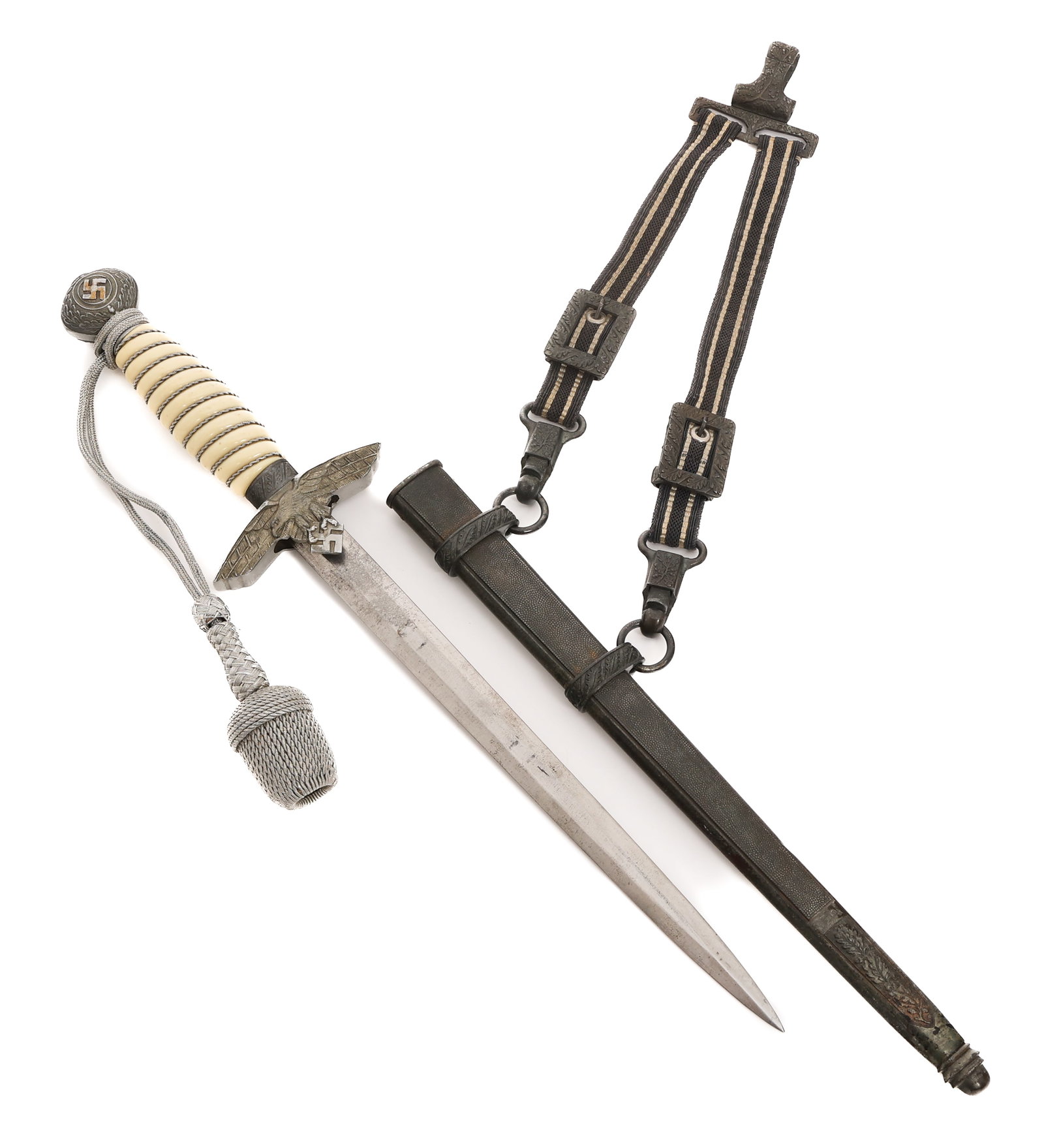 WWII GERMAN LUFTWAFFE OFFICER PARTS DAGGER: WWII GERMAN LUFTWAFFE OFFICER PARTS DAGGER WWII German Luftwaffe Officer Parts Dagger and Scabbard. Blade is maker marked by Carl Eickhorn. Mix of original, refurbished, and post war production parts.