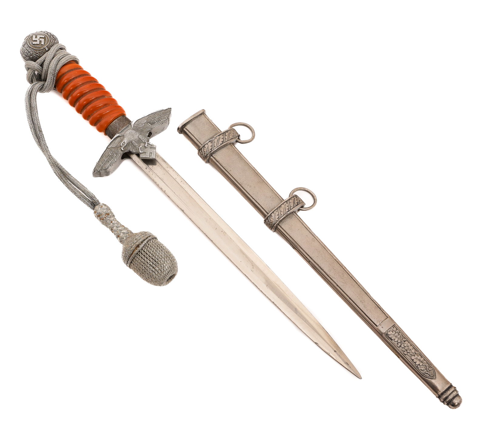 WWII GERMAN 2nd MODEL LUFTWAFFE PARTS DAGGER: WWII GERMAN 2nd MODEL LUFTWAFFE PARTS DAGGER WWII German 2nd Model Luftwaffe Parts Dagger. Double edged, bright blade. No visible marks. Alloy based hilt with orange celluloid handle. Silver bullion p