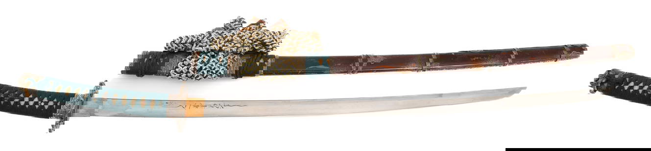 CONTEMPORARY PRODUCTION JAPANESE KATANA: CONTEMPORARY PRODUCTION JAPANESE KATANA Contemporary Production Japanese Katana. Single edged, bright blade with a dragon etching. Brass Habaki. Nickel-silver plated Tsuba, Fuchi and brass Seppas. Fab