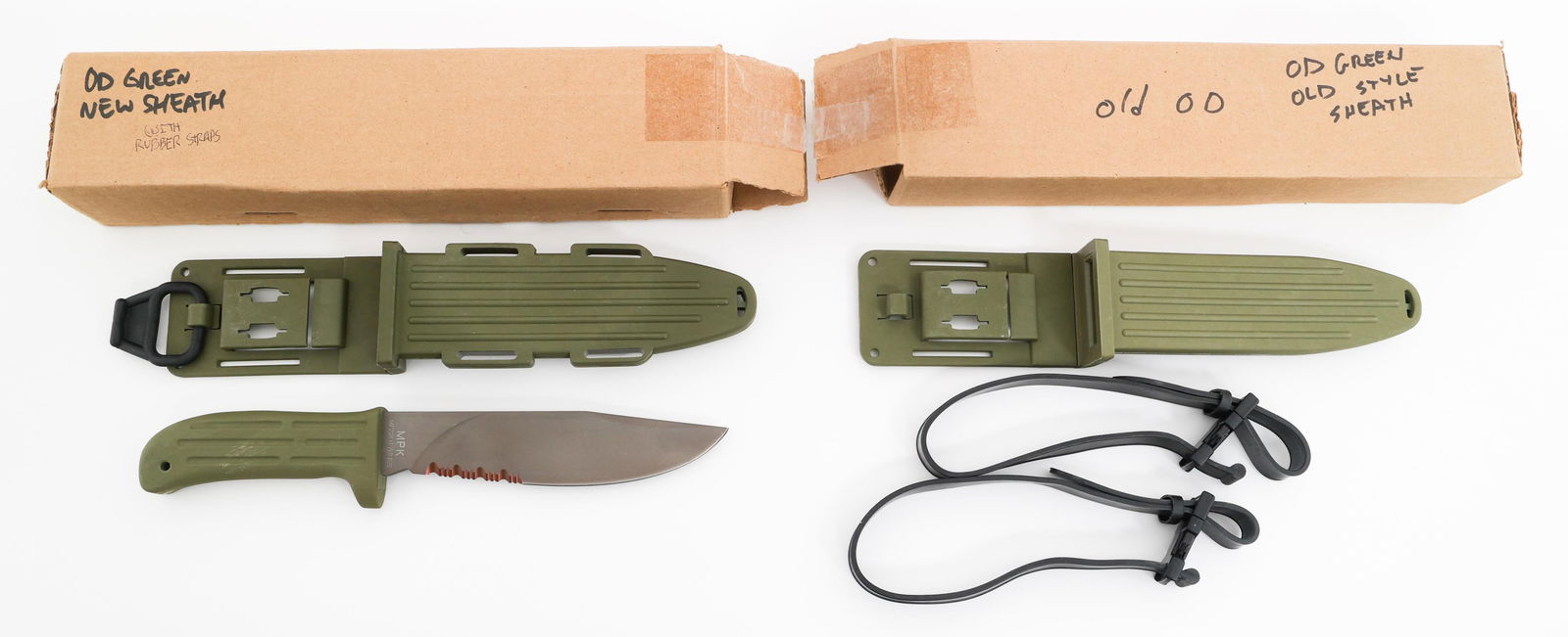 MISSION MPK 12 KNIFE WITH OLD & NEW MODEL SHEATHS: MISSION MPK 12 KNIFE WITH OLD & NEW MODEL SHEATHS Mission MPK 12 Titanium Blade Knife. Partially serrated, single edged titanium blade. Maker marked by Mission on the ricasso. Green plastic handle. In