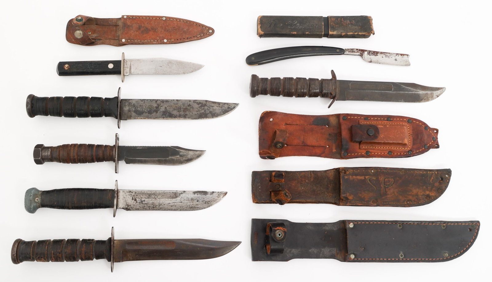 WWII - COLD WAR US MkII, MILITARY, CIVILIAN KNIVES: WWII - COLD WAR US MkII, MILITARY, CIVILIAN KNIVES WWII - Cold War US MkII, Military and Civilian Knives. (2) US MkII Utility Knife. Maker marked by Camillus on the ricasso. Steel hilt with stacked le