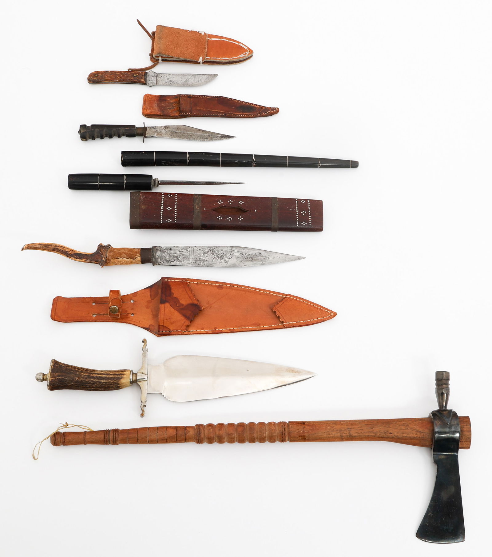 CIVILIAN KNIVES, DAGGERS & TOMAHAWK: CIVILIAN KNIVES, DAGGERS & TOMAHAWK Civilian Contemporary Knives, Daggers, Ice Pick and Tomahawk. Various makers and marks. Blade Length: 3 1/2" to 8 1/2" Total Length: 7 1/4" to 20"